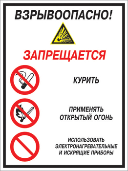 Кз 13 взрывоопасно! запрещается: курить, применять открытый огонь, использовать электронагревательные и искрящие приборы. (пластик, 300х400 мм) - Знаки безопасности - Комбинированные знаки безопасности - Магазин охраны труда ohranatruda-shop.ru