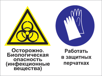 Кз 73осторожно - биологическая опасность (инфекционные вещества). работать в защитных перчатках. (пластик, 600х400 мм) - Знаки безопасности - Комбинированные знаки безопасности - Магазин охраны труда ohranatruda-shop.ru